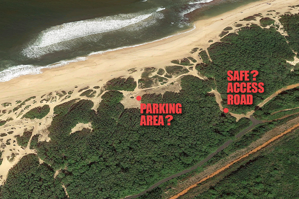 A map of Polihale Beach showing the possible access road and possible parking area up off the beach.