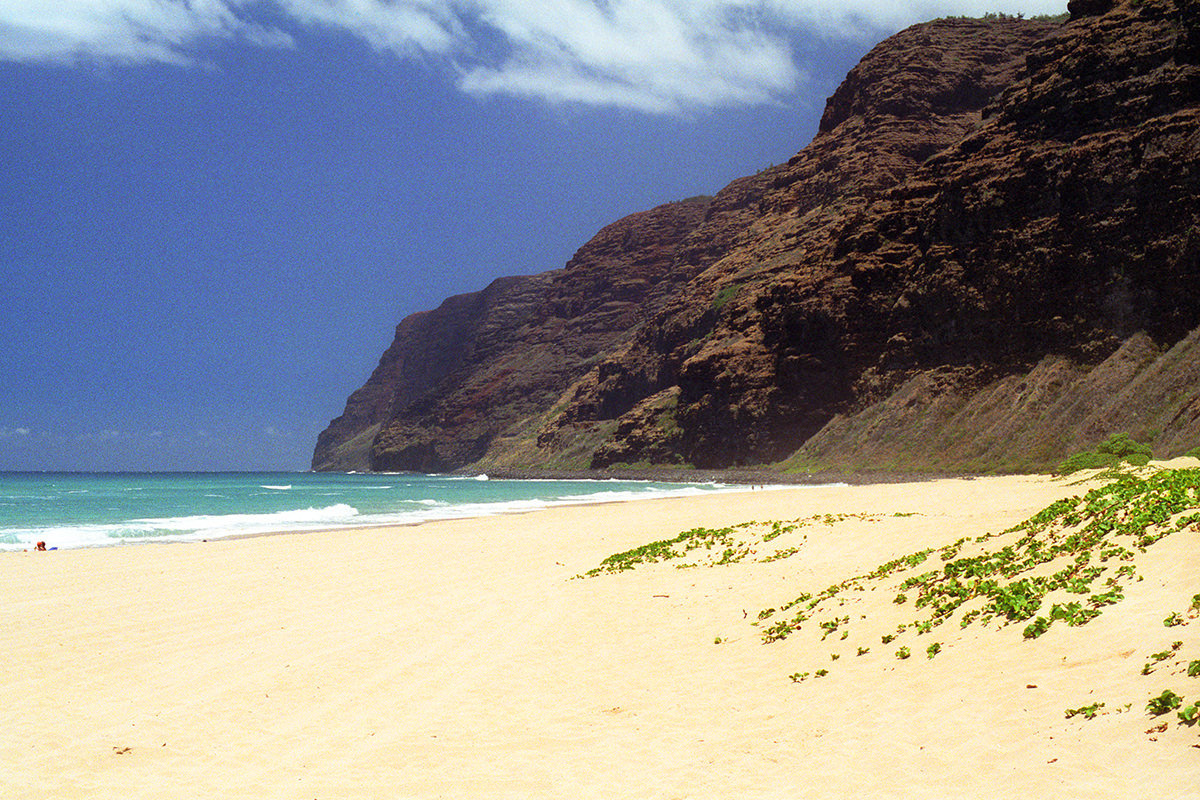 A photo of gorgeous Polihale Beach with pretty water and a looming cliff in the distance.