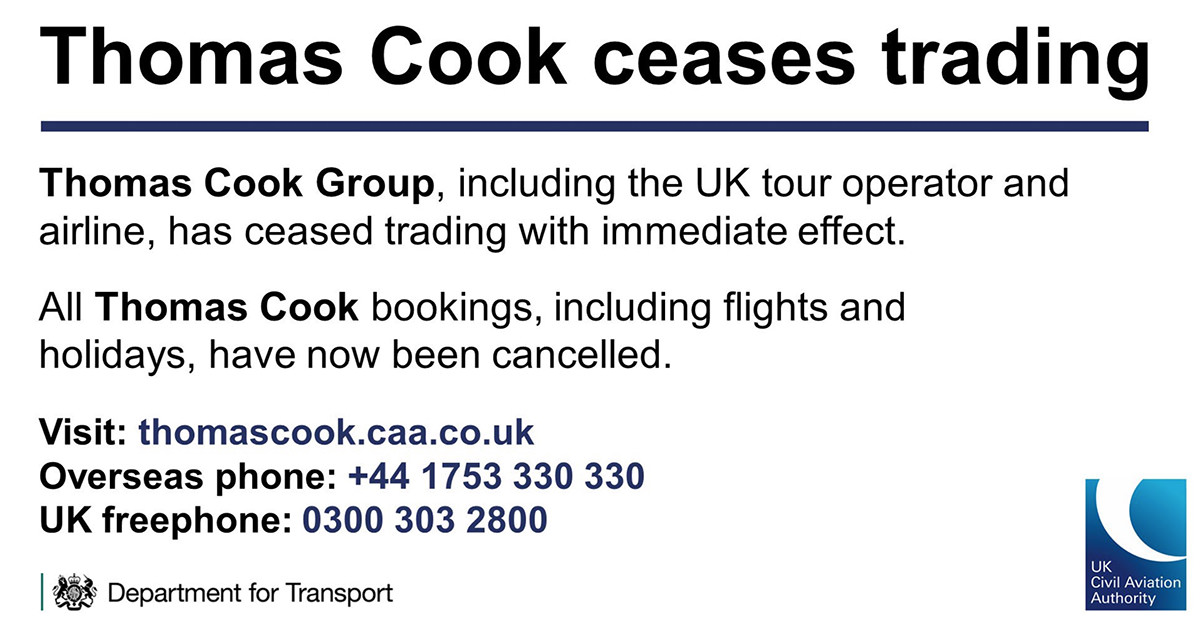 An announcement from Thomas Cook's Twitter feed saying that they have stopped trading with immediate effect.