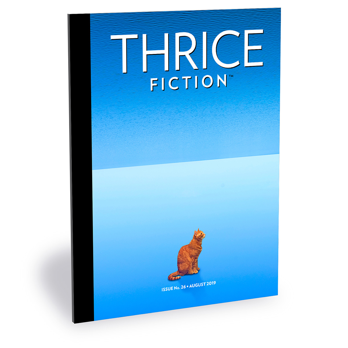 The cover of Thrice Fiction Magazine No. 26 showing a ginger orange cat sitting on the sky while the ocean floats abover her as a new sky.