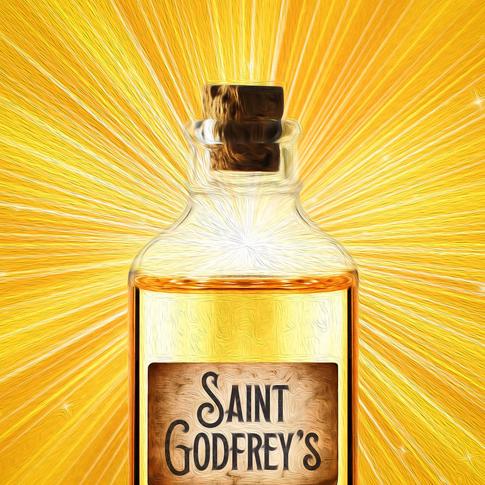 A bottle which says Saint Godfrey's and is glowing with a bright golden light.