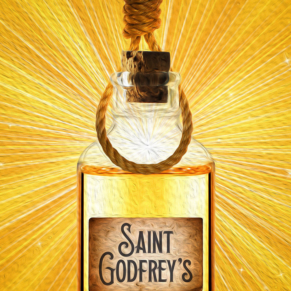 A bottle which says Saint Godfrey's and is glowing with a bright golden light and a noose is hanging over the top of the bottle.