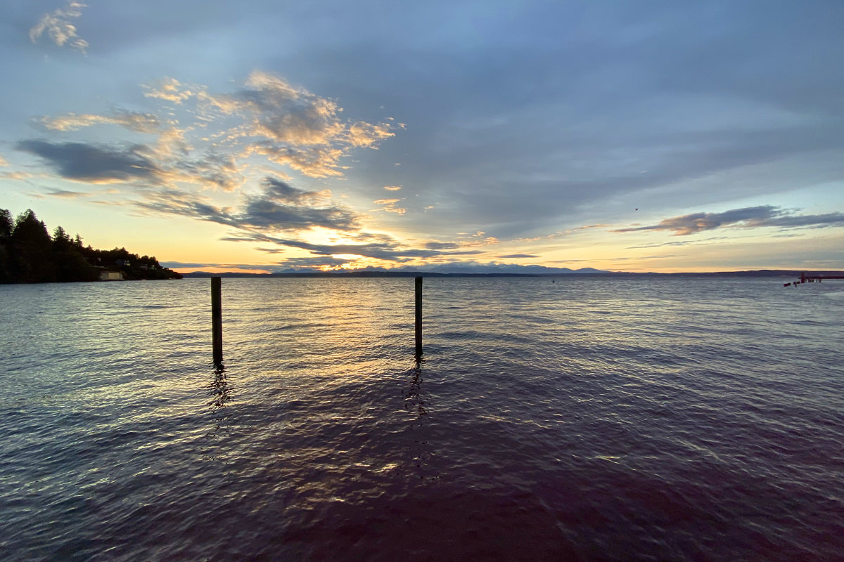 A wide shot of two posts out in the waters of Elliot Bay at sundown.