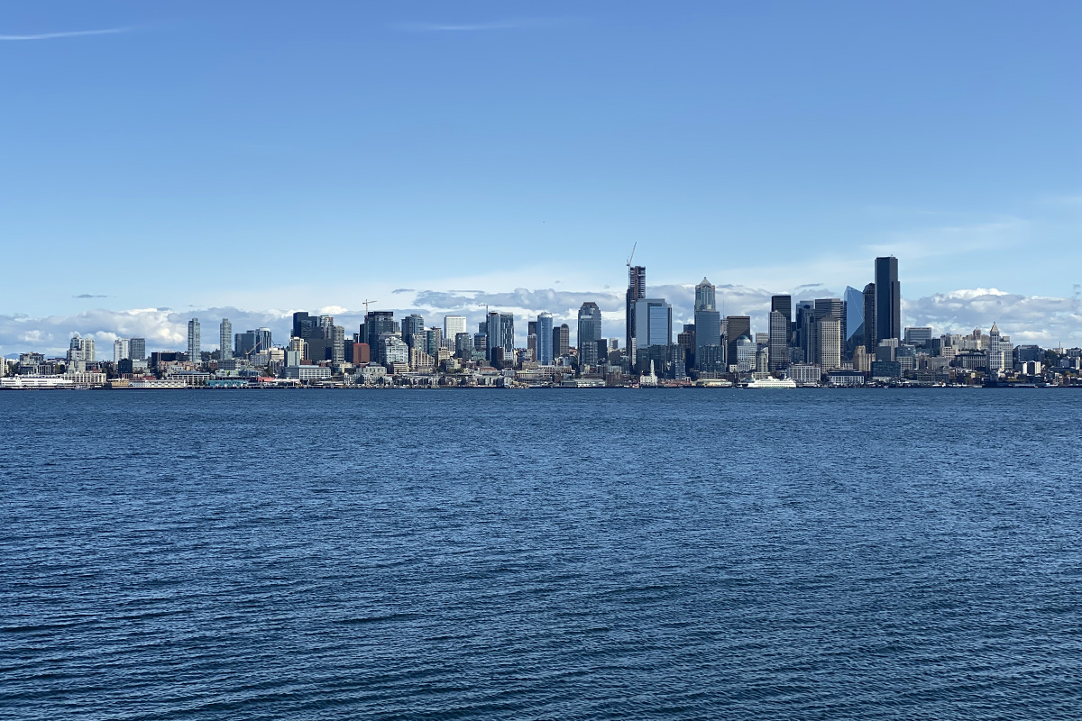 Seattle skyline as seen from Alki Point across the water.