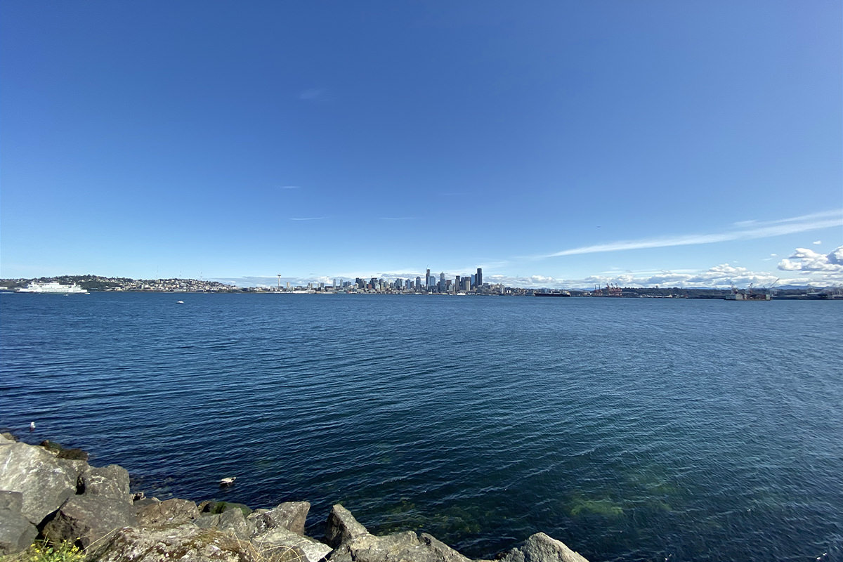 Seattle skyline as seen from Alki Point across the water.