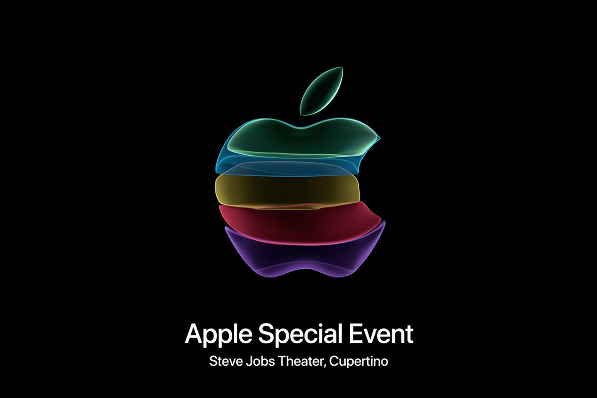 Apple Event screen showing the Apple logo constructed from transparent pastel-colored ribbons.