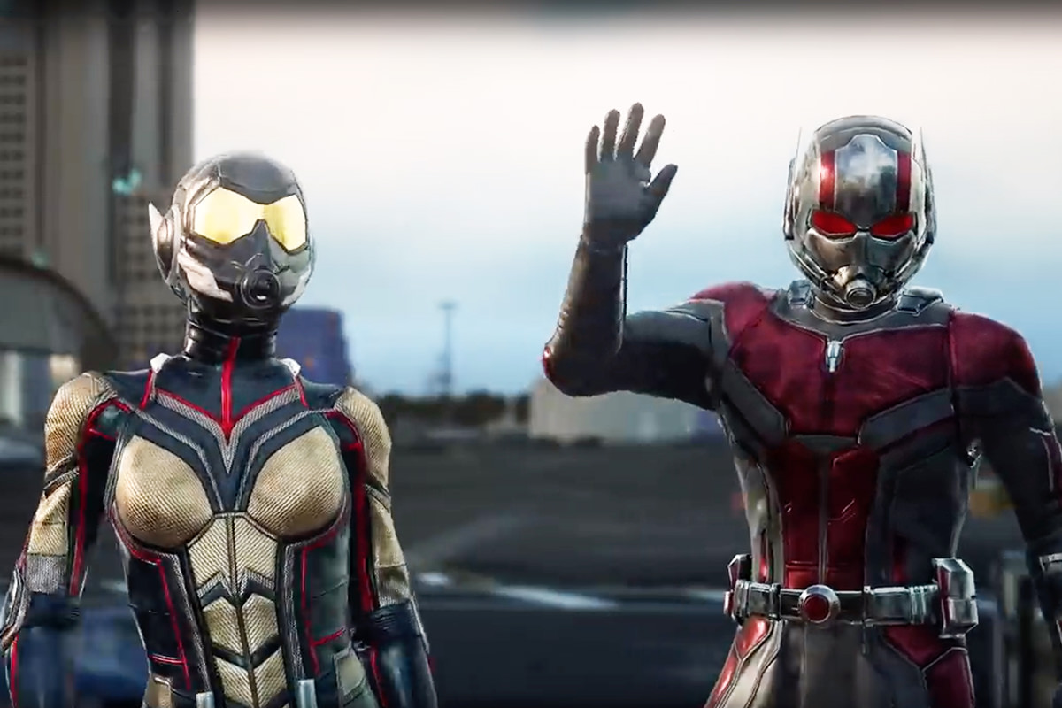 Ant-Man waves at you while The Wasp stands nearby.