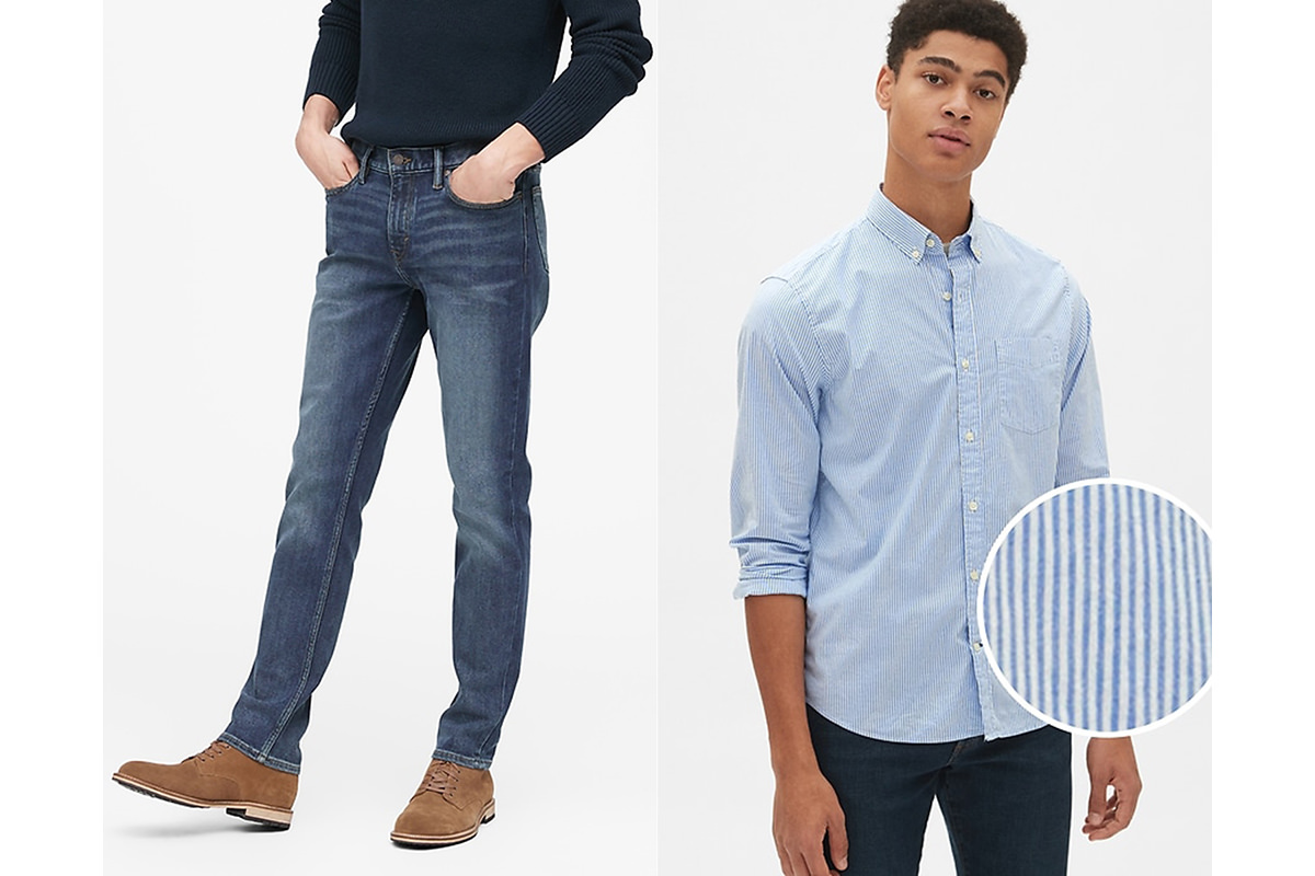 Banana Republic slim-fit jeans on some guy with brown boots and a sweater shirt. And a long-sleeved poplin shirt on some other guy.