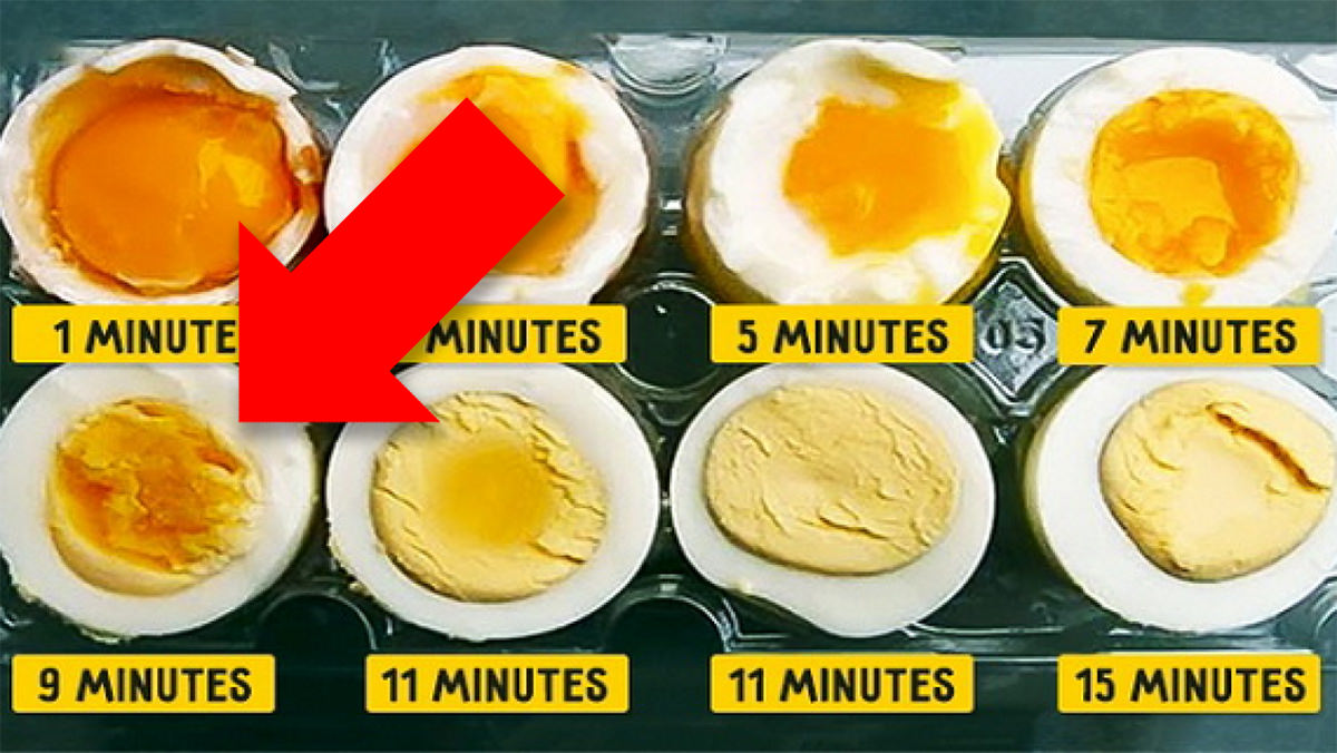 A boiled egg chart showing what boiled eggs look like when cooked for a certain amount of time... starting with practically raw at one minute all the way to overcooked at fifteen minutes.