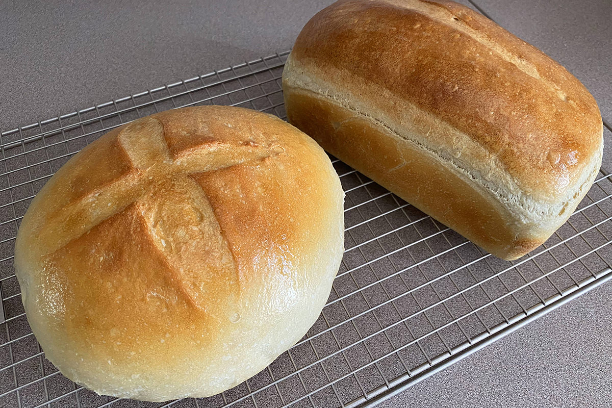 Two loaves of delicious bread on a cooling rack.