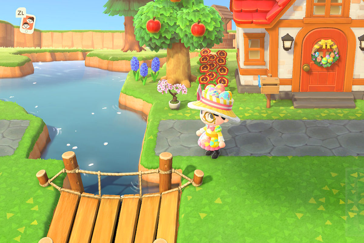 My character in Animal Crossing wearing a pretty Spring dress and matching hat with army boots looking in dismay at a bridge that doesn't match up to a road and will have to be moved.