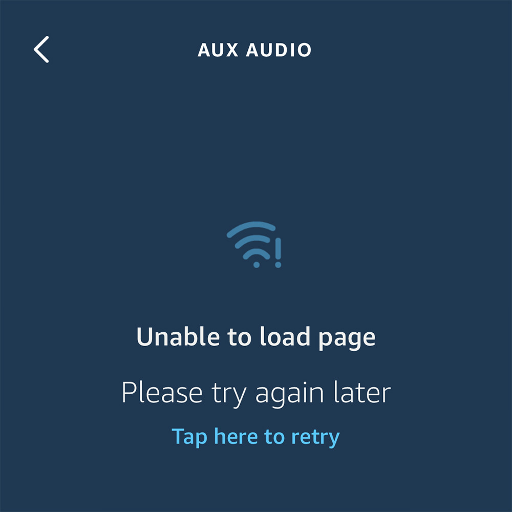 An Amazon Echo error message saying that the page cannot be loaded and to please try again later.