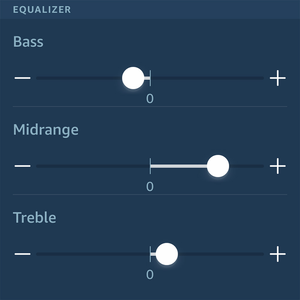 The equalizer interface of the Amazon Echo speaker, showing three sliders for bass, midrange, and treble.