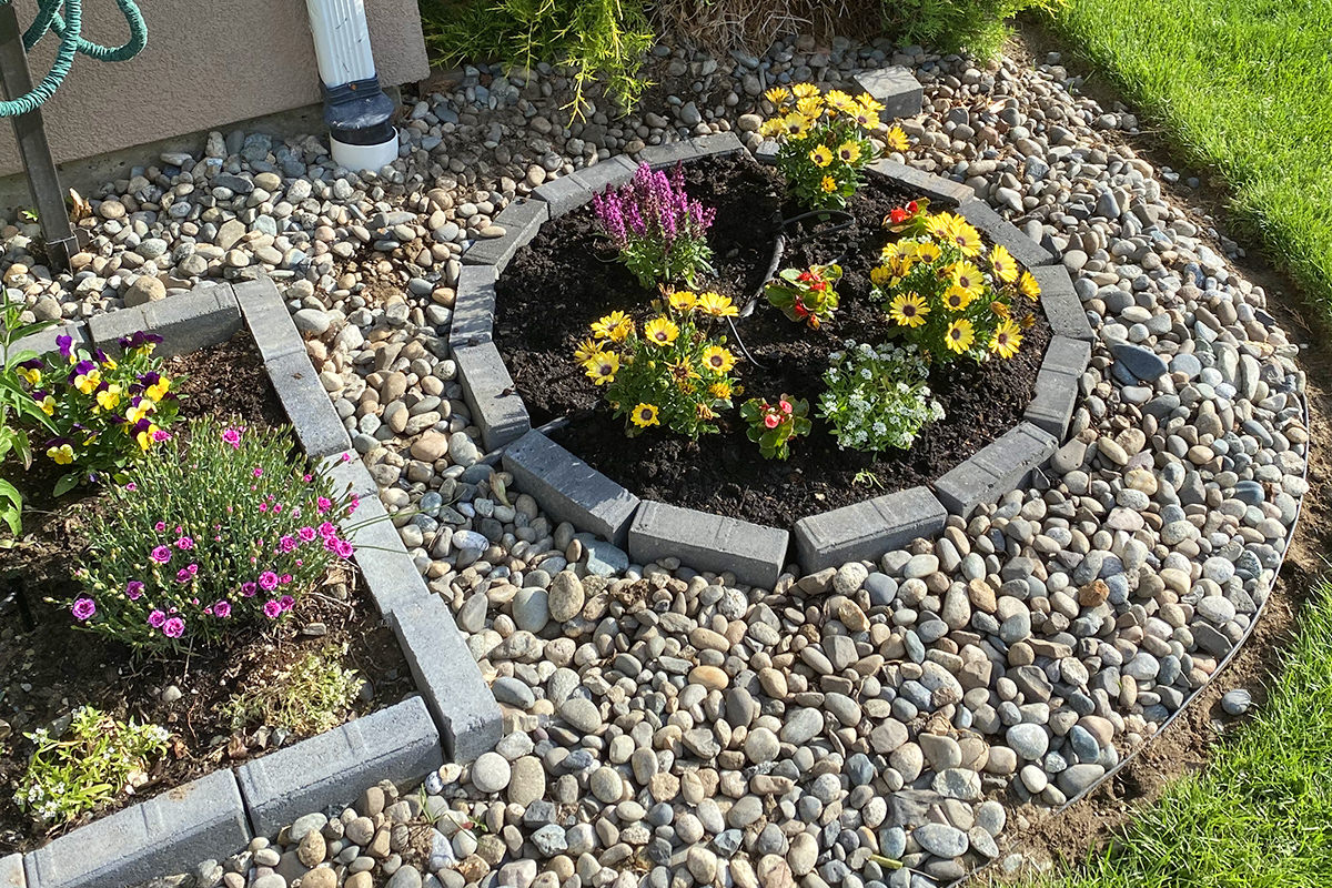 My flower circle... a circle of retaining bricks with dirt and flowers on the inside and river rocks around the outside.