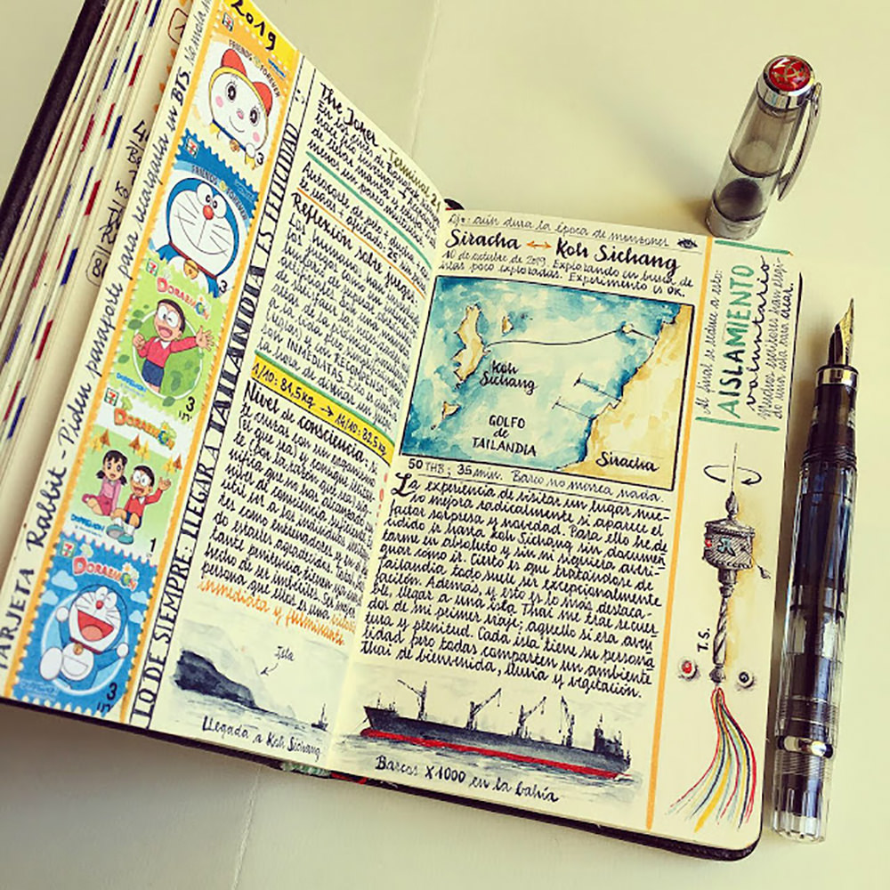 A photo of José Naranja journal interior with gorgeous hand-lettering and wonderful hand-drawn color illustrations.