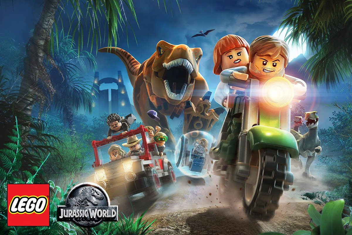 A scene from the LEGO Jurassic World video game showing LEGO characters in cars and motorcycles running from a LEGO T-Rex.