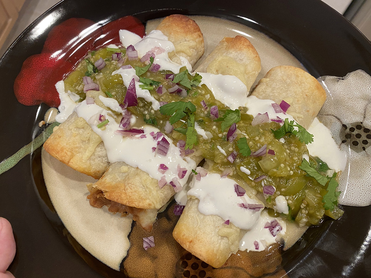 Bean & Cheese Taquitos with Tomatillo Salsa & Sour Cream