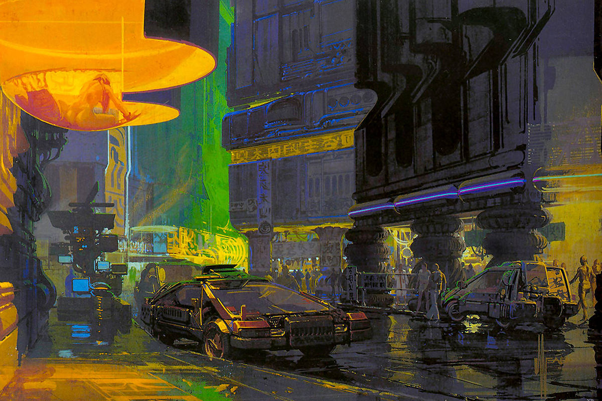 Syd Mead scene from Bladerunner showing a futuristic city street.