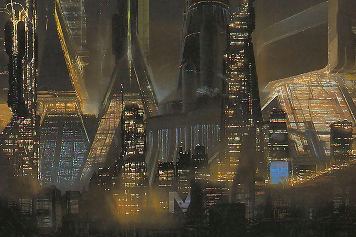 Syd Mead scene from Bladerunner showing a futuristic cityscape skyline awash in lights.