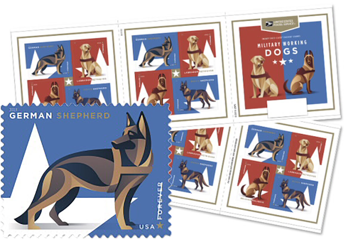 Military service dog stamps rendered in a cool graphical style... a stamp with a German Sheperd is featured.