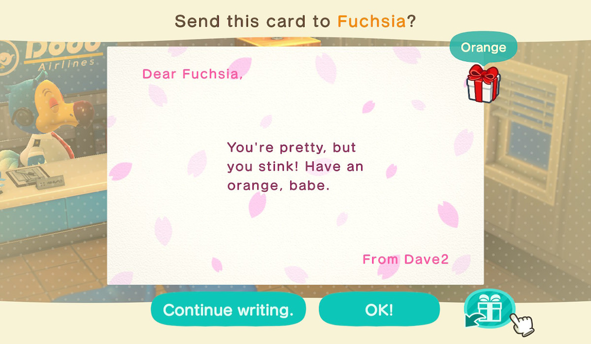 My letter to Fuchsia which says YOU'RE PRETTY, BUT YOU STINK! HAVE AN ORANGE, BABE!