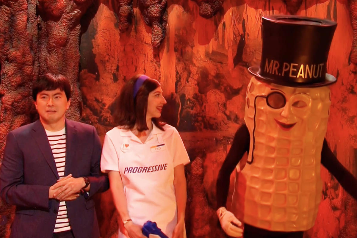 Flo from Progressive in hell with Mr. Peanut and the guy who rote Baby Shark song in a Saturday Night Live sketch.