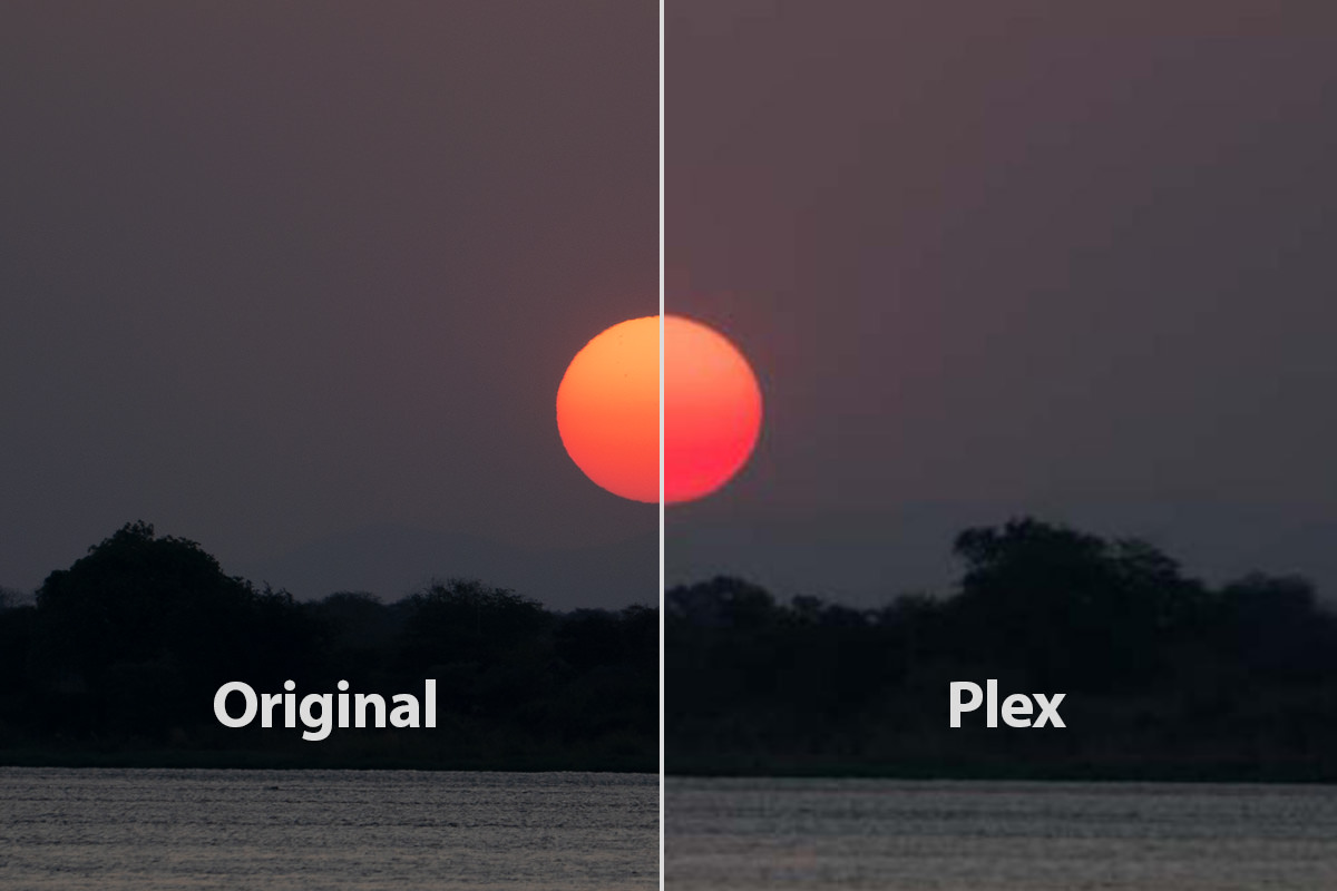 A visual comparison of an original photo of a sunset vs. the version Plex serves up.