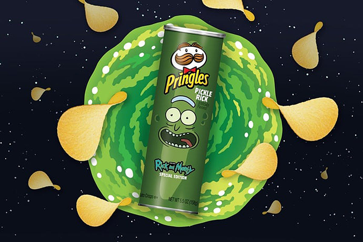 A can of Pringles with Pickle Rick from Rick & Morty on it.