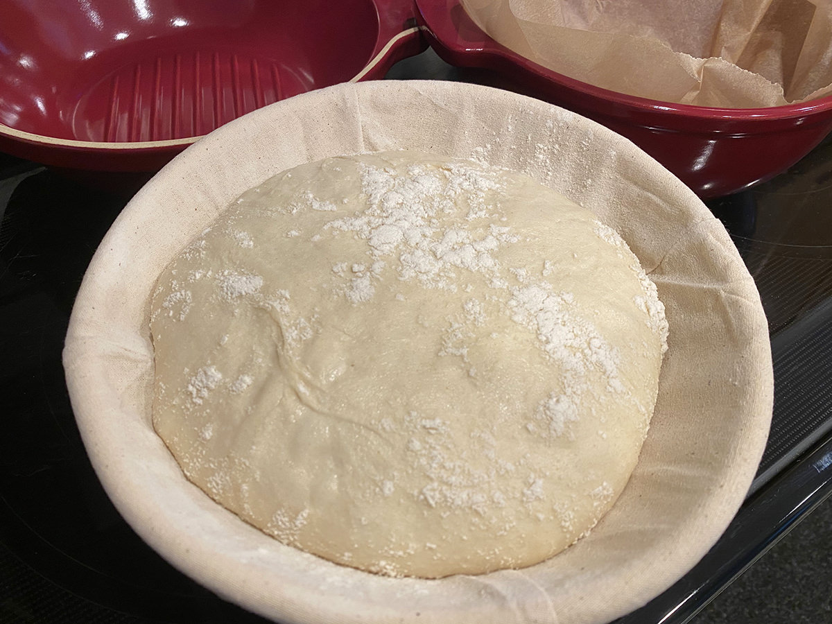 Bread rising in a proofing basket.