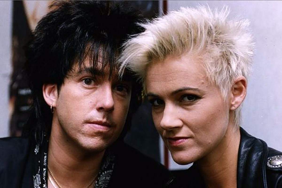 Marie Fredriksson and Per Gessle of the band Roxette looking very 80's and staring into the camera.