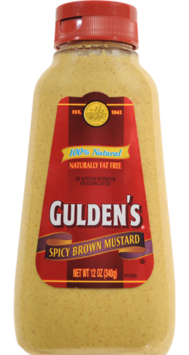 A bottle of Gulden's spicy brown mustard.