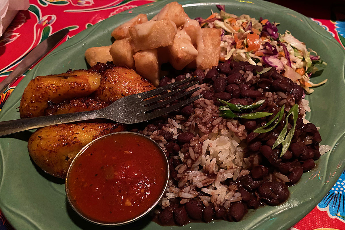 A close-up of my dinner with all the dishes I mentioned above on a heavy green plate.