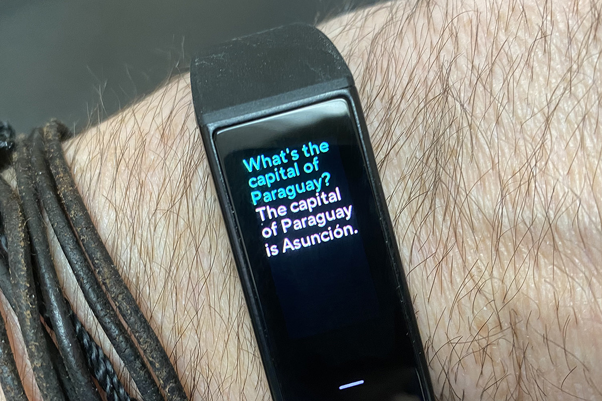 My Wyze Band showing Alexa integration. I asked it WHAT IS THE CAPITAL OF PARAGUAY and it answered with THE CAPITAL OF PARAGUARY IS ASUNCIÓN.