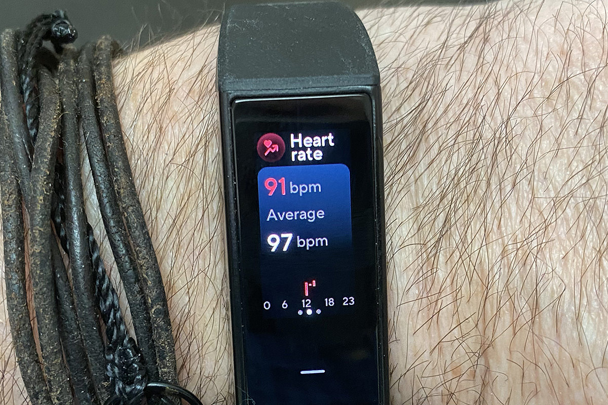 My Wyze Band showing my heart rate data... currently 91bpm, average 97bpm.