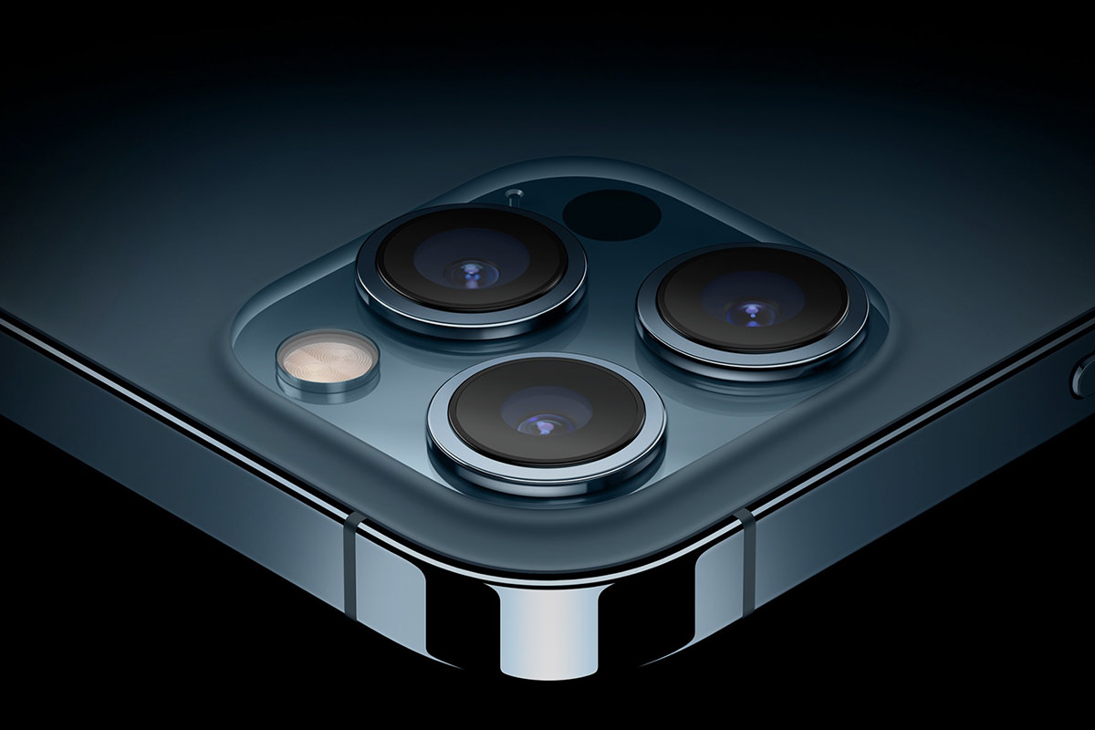 A close-up of the tri-lens array on the iPhone 12 Pro.