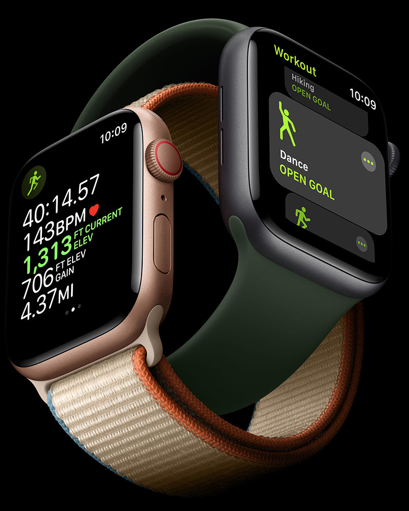 Apple Watches intertwined on each other.