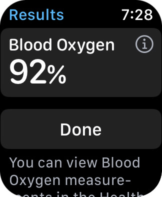 My Apple Watch screen showing a 92% blood oxygen level.