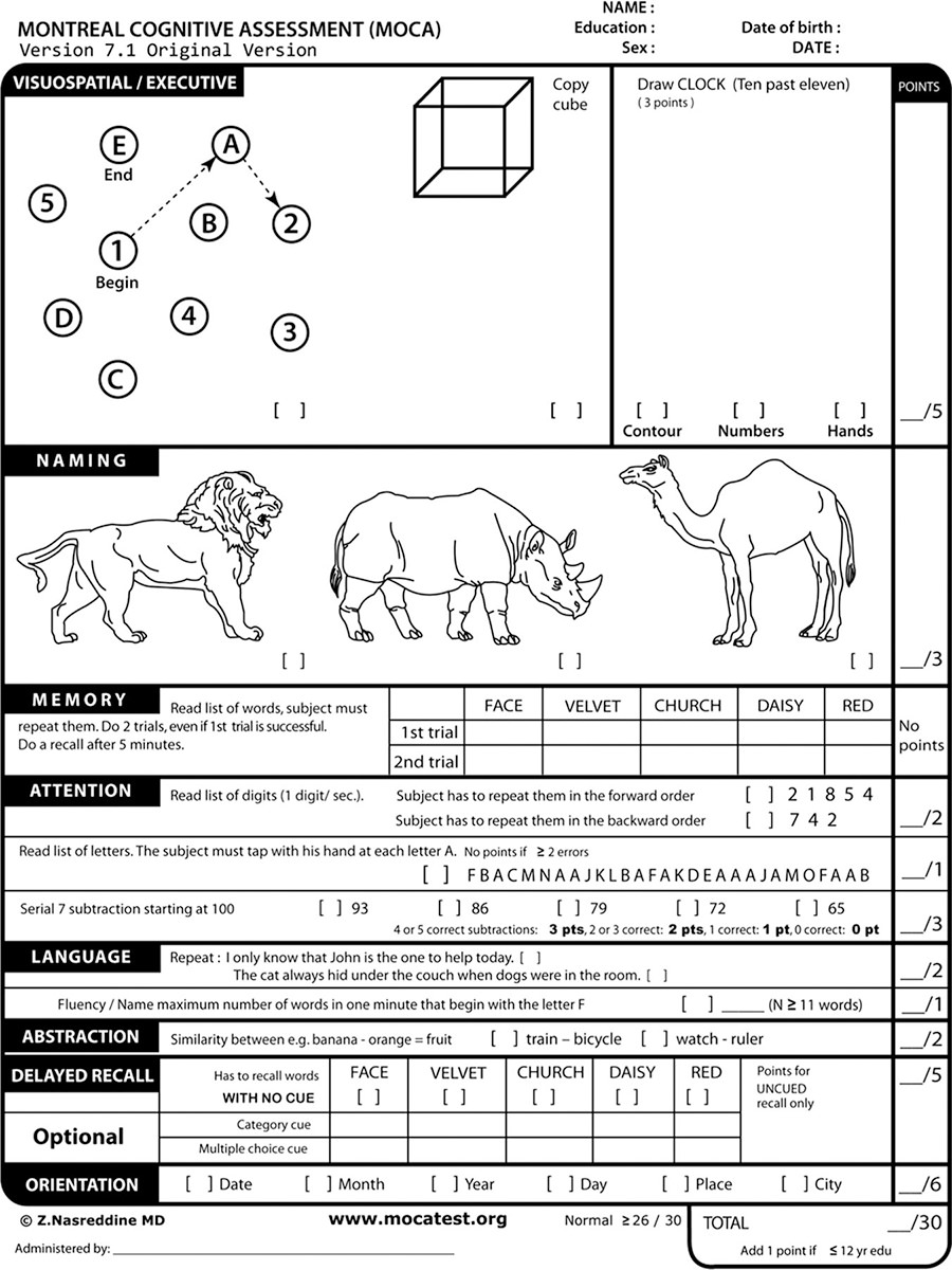 The Montreal Cognitive Abilities test, featuring questions designed to test cognitive function and spot cognitive decline.