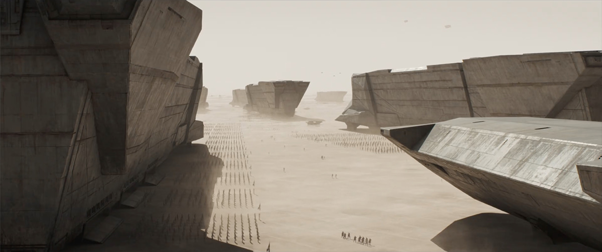 Troop transports landed on Dune in glaring sunlight.