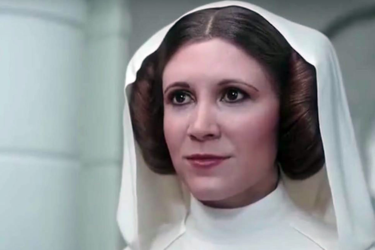 A plastic glassy-eyed fake Carrie Fisher as Princess Leia from Star Wars