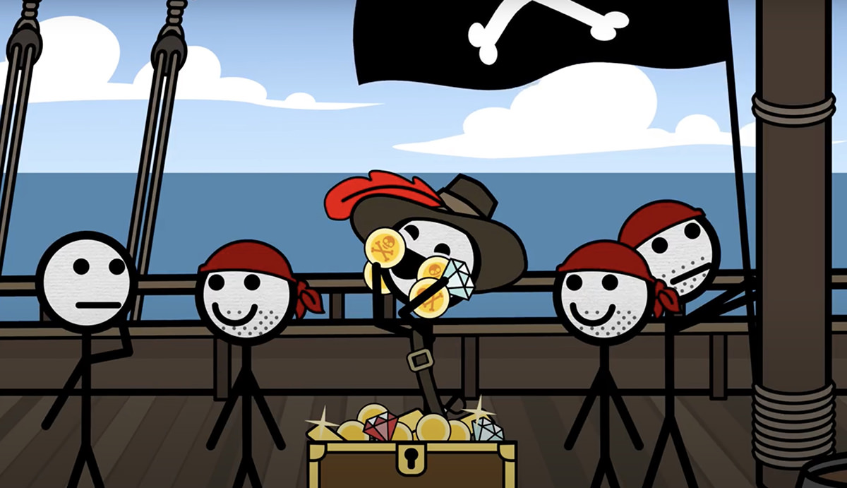 Stick figure pirate rubbing gold coins on his face and clearly loving it.