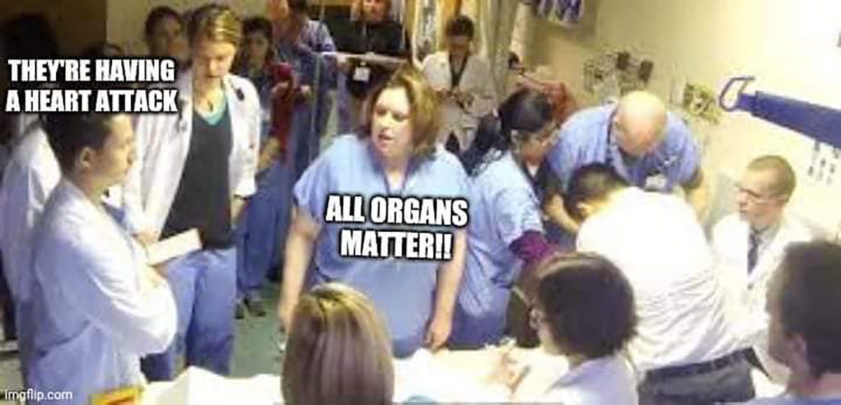 An operating room with many doctors and nurses trying to save somebody's life... a man says THEY'RE HAVING A HEART ATTACK! A woman replies ALL ORGANS MATTER!