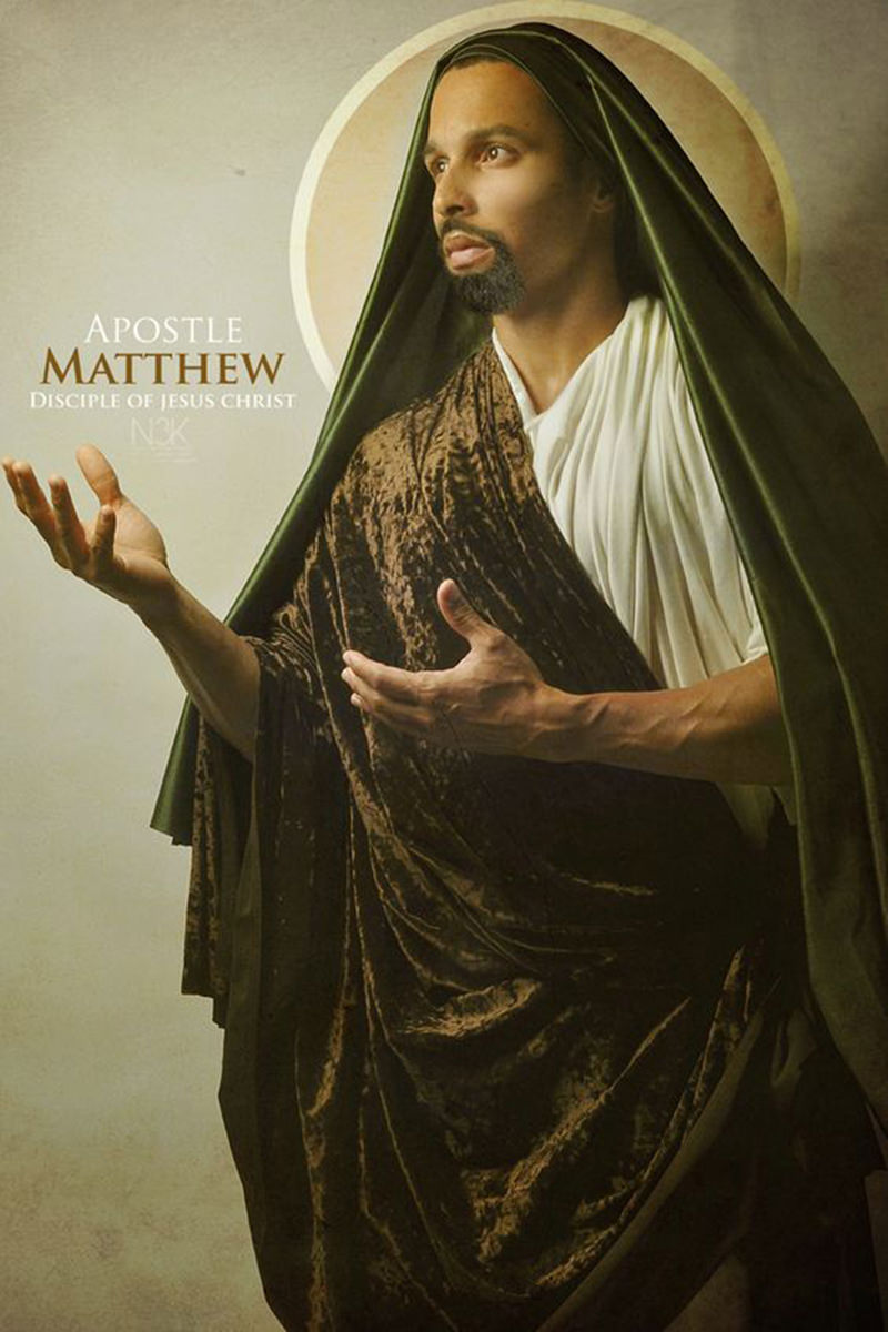 Apostle Matthew with a halo behind his head as photographed by James Lewis..