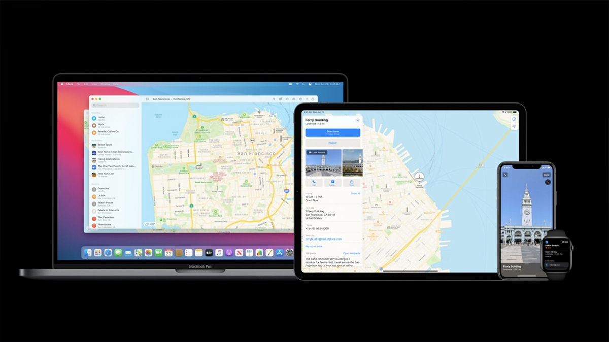 Apple Maps on a Mac, iPad, and iPhone showing parity features between them all.