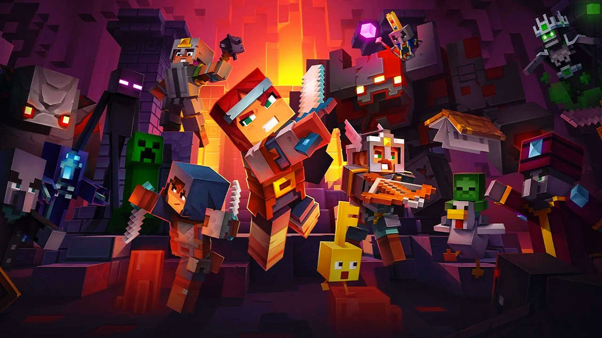 The Minecraft Dungeons splash screen showing an adventurer slashing their way through a bunch of enemies.