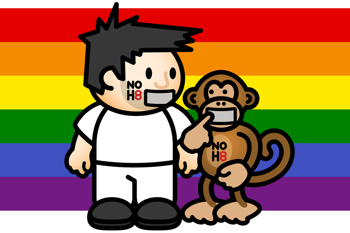 Lil' Dave and Bad Monkey with NOH8 written on them in front of the PRIDE flag.