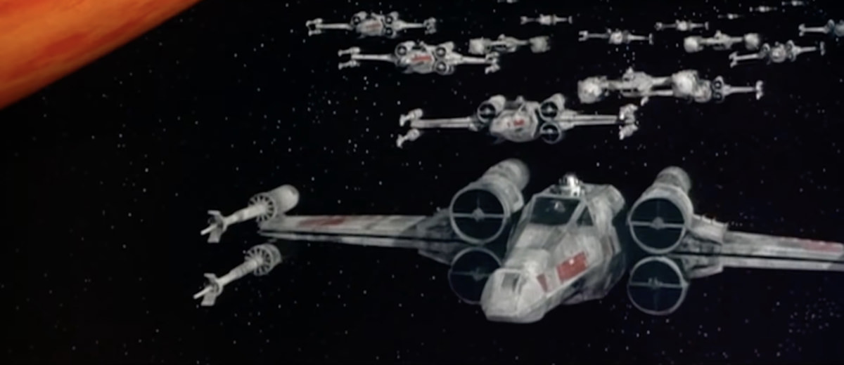 A scene of X-Wing fighters from Star Wars... off LaserDisc.