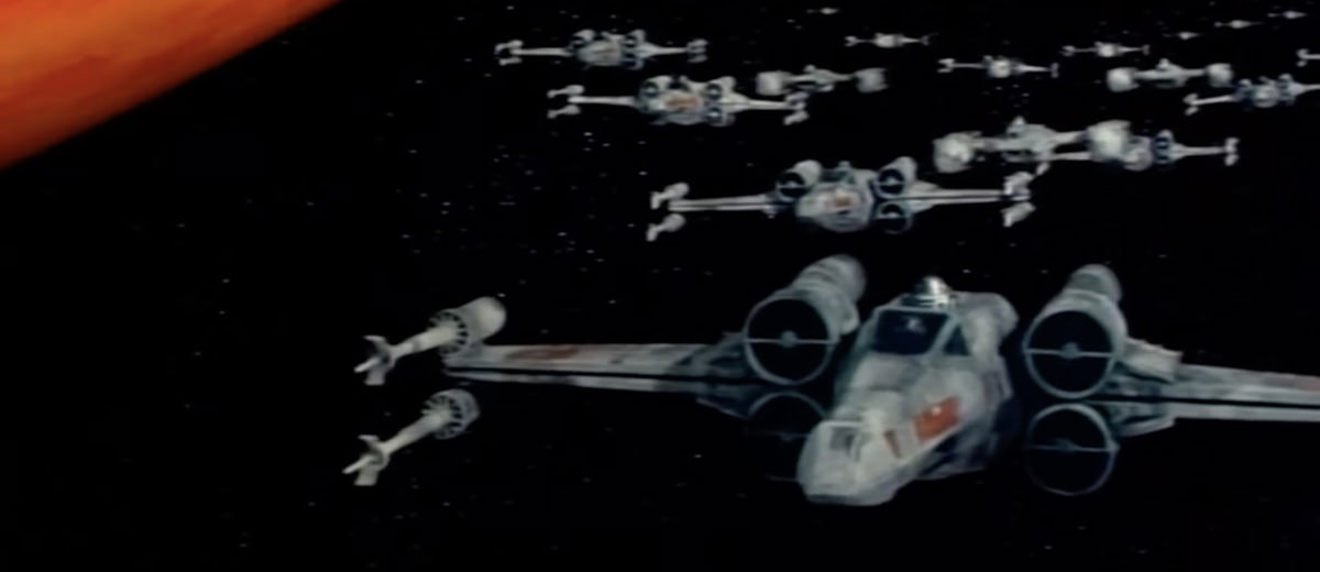 A scene of X-Wing fighters from Star Wars... off LaserDisc.