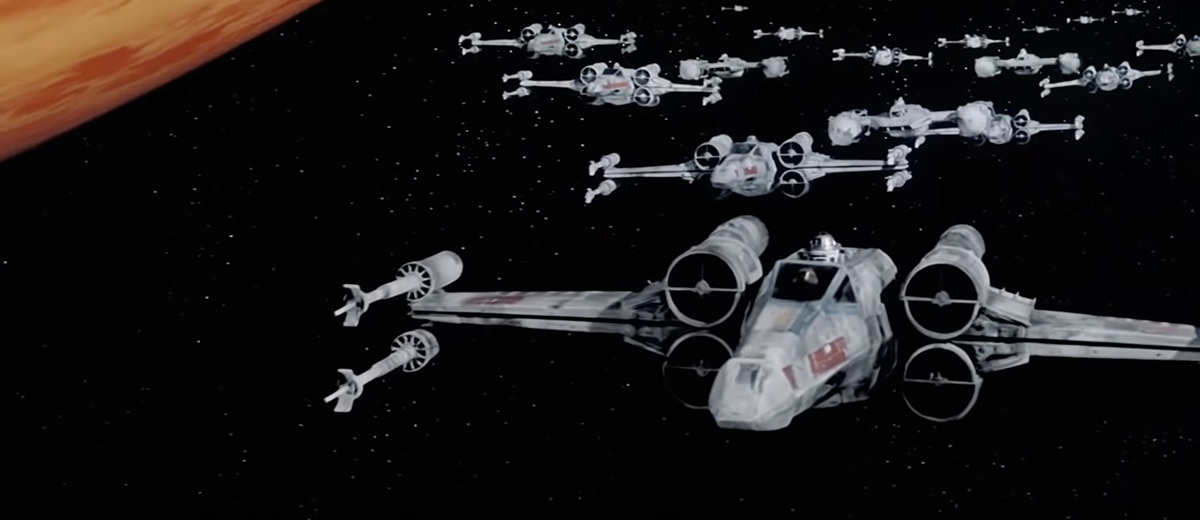 A scene of X-Wing fighters from Star Wars... off LaserDisc.