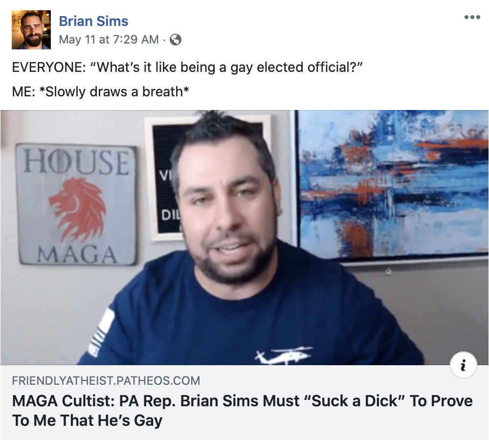 MAGA Cultist says Brian Sims must sick a dick to prove to me that he's gay.